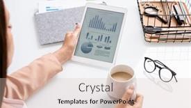  Presentation with cappuccino - Colorful slide set enhanced with hands-of-young-businesswoman backdrop and a lemonade colored foreground