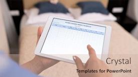  Presentation with hands holding - PPT layouts enhanced with hands of young chamber maid holding touchpad with electronic document and filling in table of room cleaning schedule background and a soft green colored foreground
