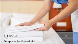  Presentation with bed - Slide deck enhanced with hands of young contemporary chamber maid bending over bed while making stack of white fresh towels background and a white colored foreground