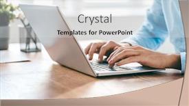  Presentation with new office - Colorful presentation theme enhanced with hands of young contemporary office manager over laptop keypad during work over new business project by table backdrop and a light gray colored foreground