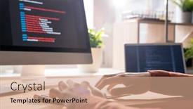  Presentation with computer software - Audience pleasing presentation theme consisting of hands-of-young-contemporary-programmer backdrop and a coral colored foreground