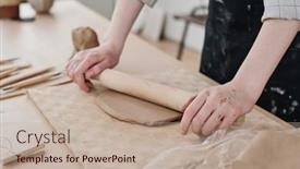  Presentation with wooden - Presentation design enhanced with hands-of-young-craftswoman background and a mint green colored foreground