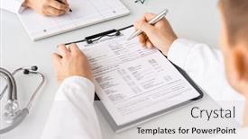  Presentation with medical information - Slide set featuring hands-of-young-doctor background and a light gray colored foreground