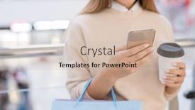  Presentation with millennial - PPT theme featuring hands of young female millennial with smartphone and drink looking through promo while having break after shopping in the mall background and a soft green colored foreground