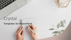  Presentation with notebook page - Slide deck consisting of hands-of-young-female-office background and a light gray colored foreground