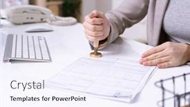  Presentation with worker - PPT theme with hands-of-young-female-office background and a sky blue colored foreground