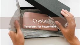  Presentation with black female - Cool new presentation design with hands of young female opening black box with nude beige leather wallet inside packed into paper backdrop and a coral colored foreground