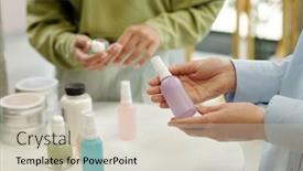  Presentation with plastic product - Slide deck having hands-of-young-female-shopper background and a  colored foreground