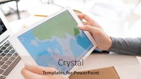  Presentation with digital project - Presentation theme with hands of young female student holding digital tablet with map on display while preparing homework or working over project background and a coral colored foreground