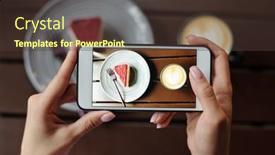  Presentation with smartphone - PPT theme having hands-of-young-female background and a tawny brown colored foreground