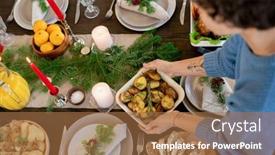  Presentation with blue food - Slide deck featuring hands-of-young-housewife background and a coral colored foreground