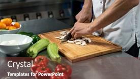  Presentation with restaurant kitchen - Beautiful slide set featuring hands-of-young-male-chef backdrop and a tawny brown colored foreground