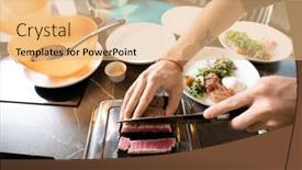  Presentation with sauces - Beautiful PPT theme featuring hands-of-young-male-chopping backdrop and a coral colored foreground