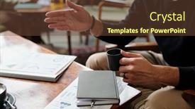  Presentation with tea cup - Presentation design featuring hands-of-young-male-economist background and a tawny brown colored foreground
