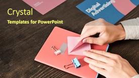  Presentation with notepaper - Audience pleasing slide set consisting of hands-of-young-office-manager backdrop and a tawny brown colored foreground