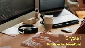  Presentation with computer software - Slides enhanced with hands-of-young-programmer-touching background and a tawny brown colored foreground