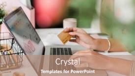  Presentation with pay - Slide set enhanced with hands of young woman over laptop keypad ordering eyewear in the internet and going to pay by credit card background and a coral colored foreground