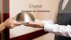  Presentation with woman hands open - Cool new PPT theme with hands of young woman taking cloche with restaurant food from elegant waiter through open door of hotel room backdrop and a lemonade colored foreground