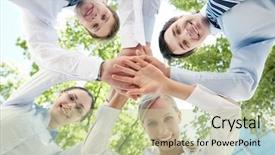  Presentation with green foliage - Presentation having hands on background of green background and a mint green colored foreground