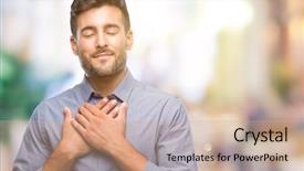  Presentation with man head in hands - PPT theme featuring hands on chest with closed background and a coral colored foreground