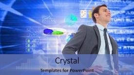  Presentation with cheerful - Colorful slides enhanced with hands on hips against blue backdrop and a teal colored foreground