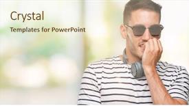  Presentation with headphones - Slides with hands on mouth biting nail background and a  colored foreground