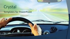  Presentation with driving road - Beautiful PPT layouts featuring hands on steering wheel backdrop and a sky blue colored foreground