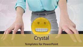  Presentation with close up of digital multimeter - Presentation design with hands on table with emoji background and a yellow colored foreground