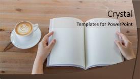  Presentation with coffee book - Theme consisting of hands open blank catalog magazines background and a coral colored foreground