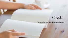  Presentation with coffee book - Cool new presentation theme with hands open blank catalog magazines backdrop and a light gray colored foreground