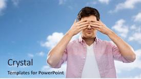  Presentation with human rights concept chained man - Slide deck having hands over blue sky background and a light blue colored foreground