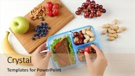  Presentation with lunchbox - PPT theme with hands packing dinner in lunchbox background and a coral colored foreground