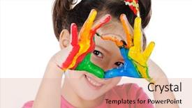  Presentation with colorful hand prints - Audience pleasing presentation theme consisting of hands painted in colorful paints backdrop and a lemonade colored foreground