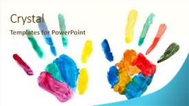  Presentation with colorful hands - Presentation design featuring hands painted stamped on paper background and a cream colored foreground