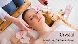  Presentation with salon and spa - Slides with hands pebble - young woman during spa procedure background and a coral colored foreground