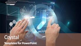  Presentation with technical - Cool new PPT theme with hands pointing and presenting against clock on technical background backdrop and a coral colored foreground