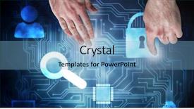  Presentation with technical - Presentation theme enhanced with hands pointing and presenting against computing icons on technical background background and a light blue colored foreground