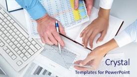  Presentation with pen - Presentation enhanced with hands pointing at some graph background and a sky blue colored foreground