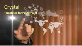  Presentation with information communication technology - Presentation design enhanced with hands-pointing-to-interconnected-icons background and a  colored foreground