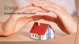  Presentation with insurance - Presentation design featuring hands protect house as insurance or house purchase concept background and a coral colored foreground