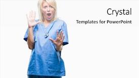  Presentation with panic - Cool new PPT layouts with beautiful blonde doctor woman wearing backdrop and a light gray colored foreground