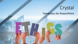  Presentation with computer room - Beautiful slide set featuring hands showing ethics against room backdrop and a light blue colored foreground