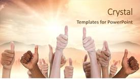  Presentation with shining - Slide set with hands showing thumbs up against sun shining over road and city background and a cream colored foreground