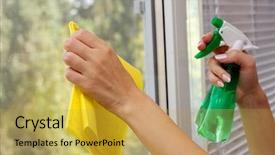  Presentation with spray - PPT layouts featuring green cleaner - hands spray clean the window background and a yellow colored foreground