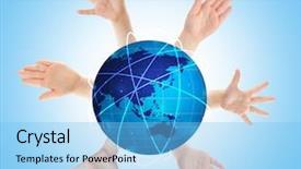  Presentation with environment protection - Amazing PPT theme having hands surrounding globe on blue backdrop and a light blue colored foreground