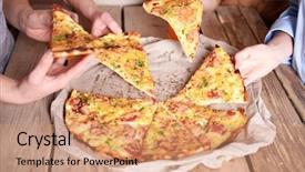  Presentation with focus group hands taking notes - Cool new theme with food grease - friends hands taking slices backdrop and a coral colored foreground