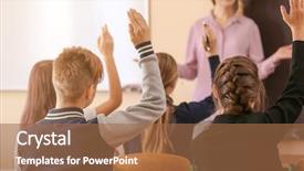  Presentation with listening - Amazing PPT theme having hands to answer in classroom backdrop and a coral colored foreground