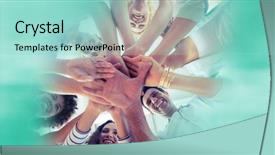  Presentation with creative - PPT theme enhanced with hands together and blurry teal background and a mint green colored foreground