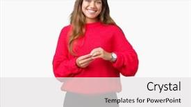  Presentation with young woman wearing boxer gloves - Colorful slides enhanced with hands together and fingers cross backdrop and a white colored foreground