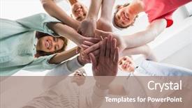  Presentation with college students - Colorful PPT layouts enhanced with hands together at the college backdrop and a coral colored foreground